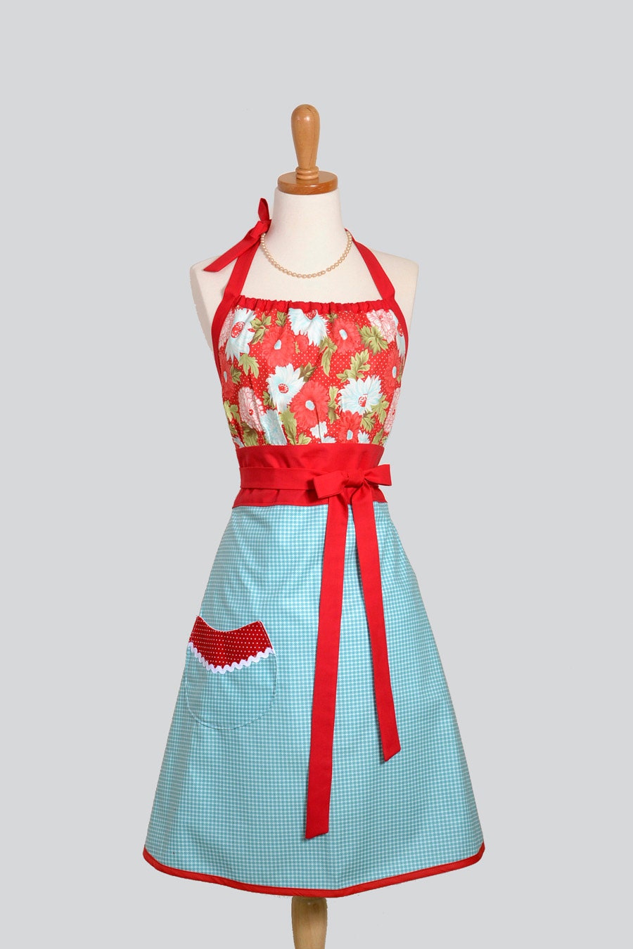 Cute Kitsch Apron - Modern Design in Moda Bliss Floral Daisies of Turquoise Blue and Red with Blue Check