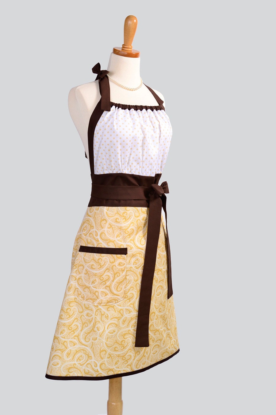 Cute Kitsch Apron . Swiss Chocolate Swirl Skirt and Polka Dot Trimmed in Chocolate