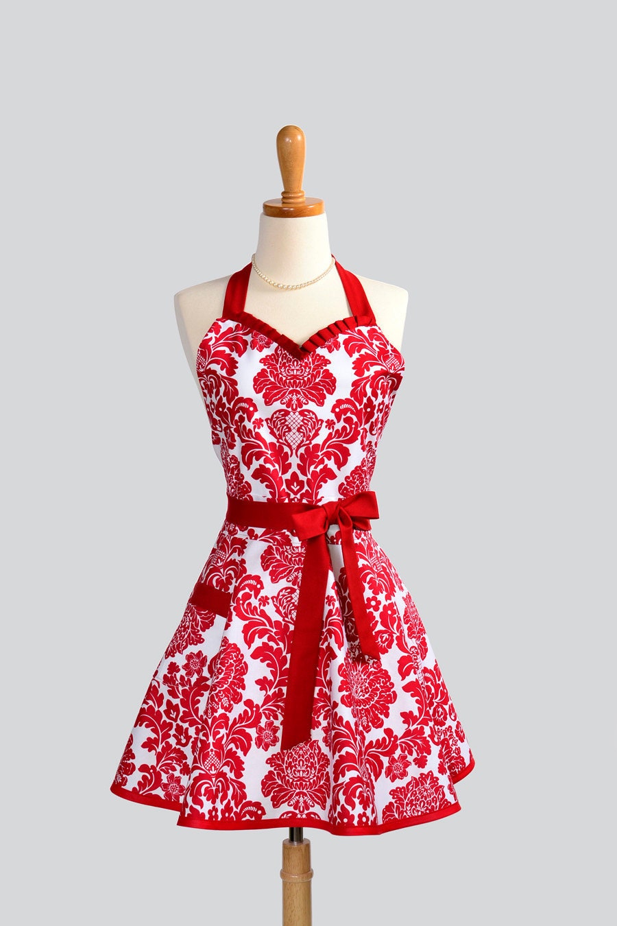 Womens Sweetheart Hostess Apron - Sexy Retro Ruffled Sweetheart in Peppermint Red Dandy Damask by Michael Miller