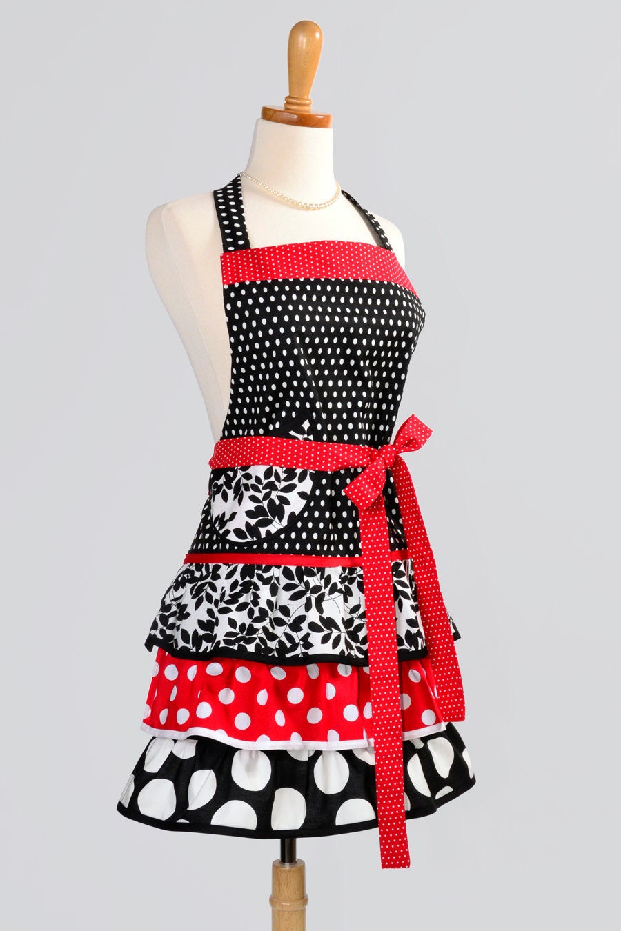 Ruffled Retro Apron / Cute Flirty Retro Womens Apron in Modern Kitsch Red Black White Dots
