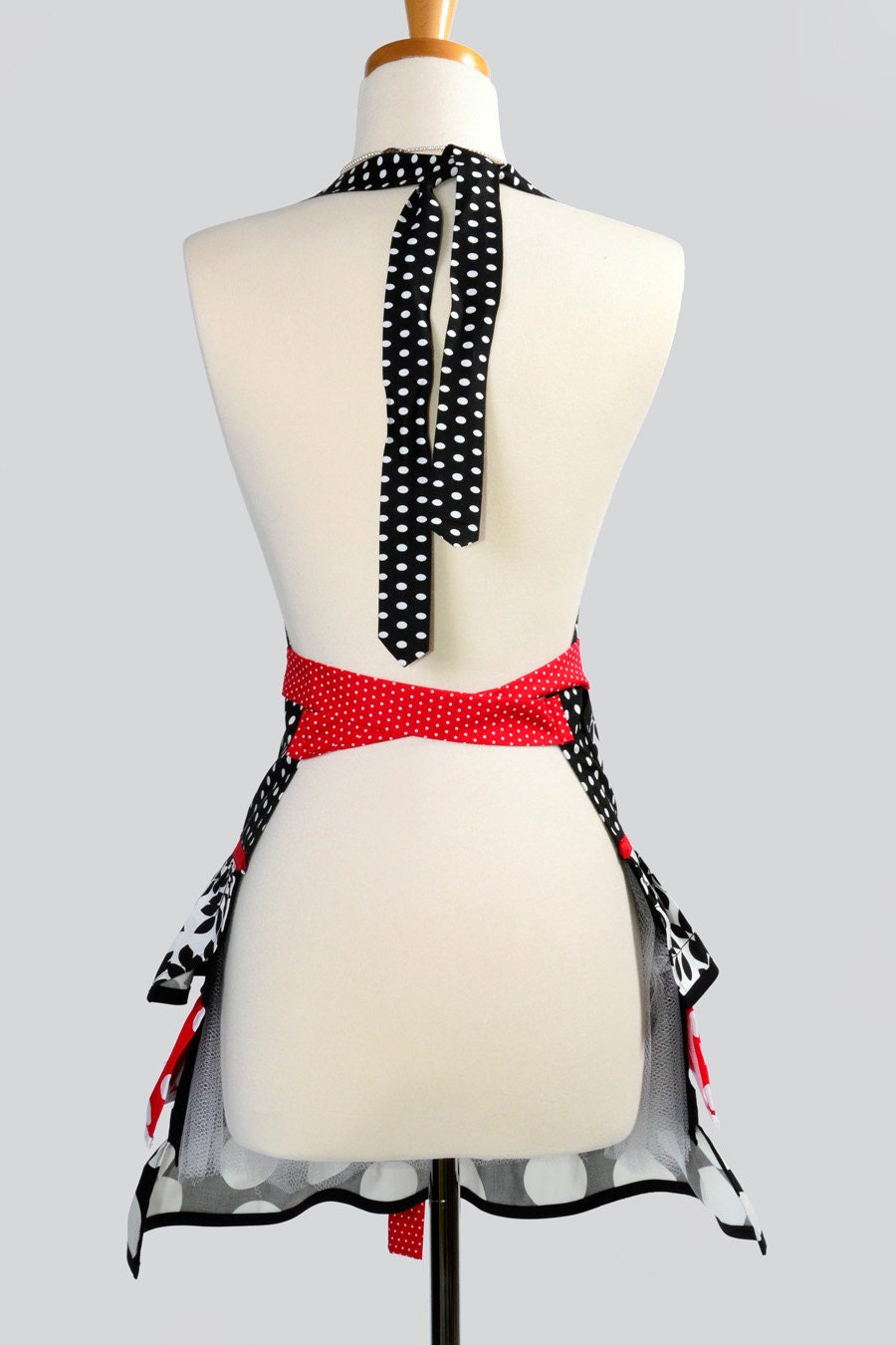 Ruffled Retro Apron / Cute Flirty Retro Womens Apron in Modern Kitsch Red Black White Dots
