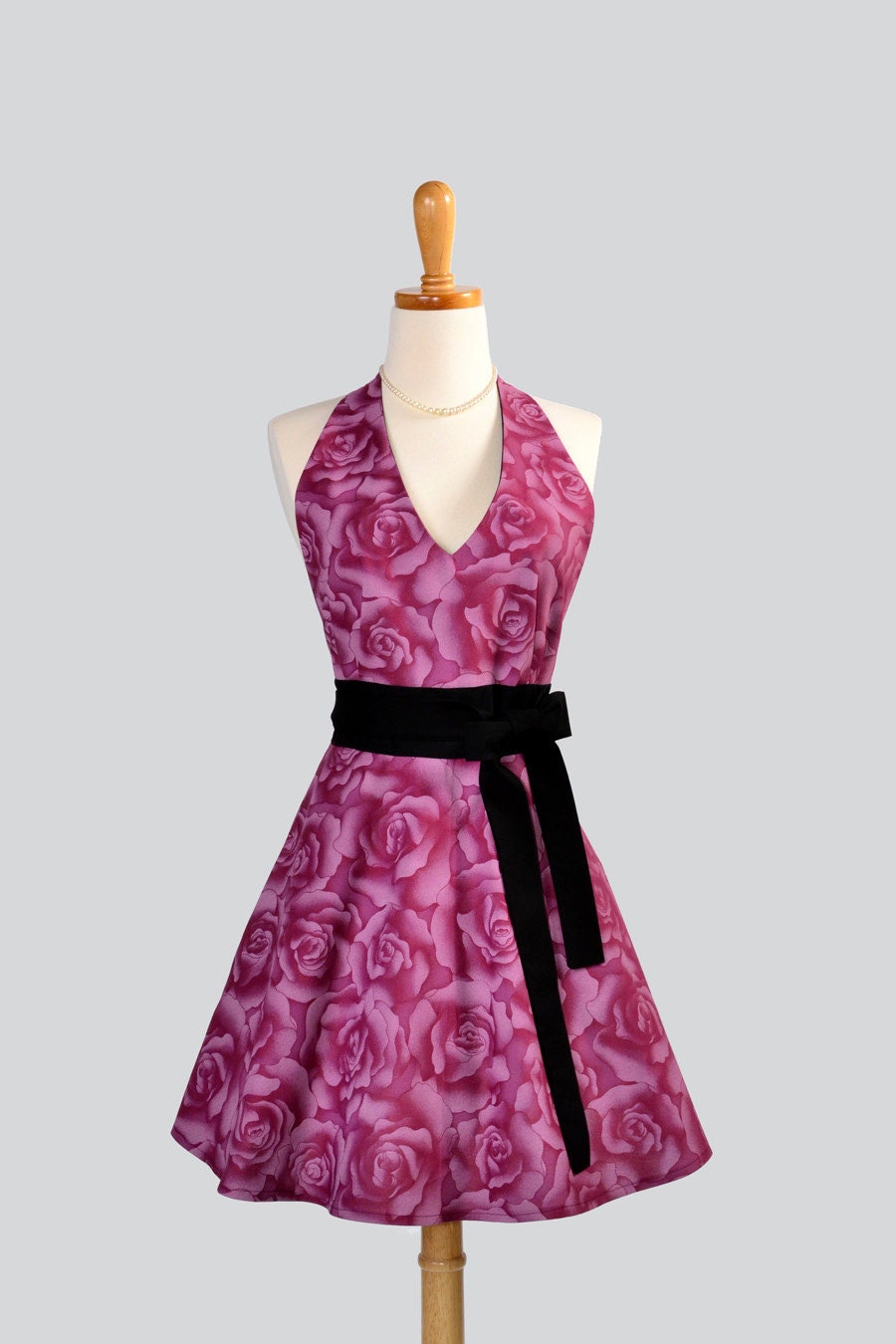 Sexy Womens Hostess Apron . Classy Halter Apron Beautiful Wine and Roses Trimmed in Black