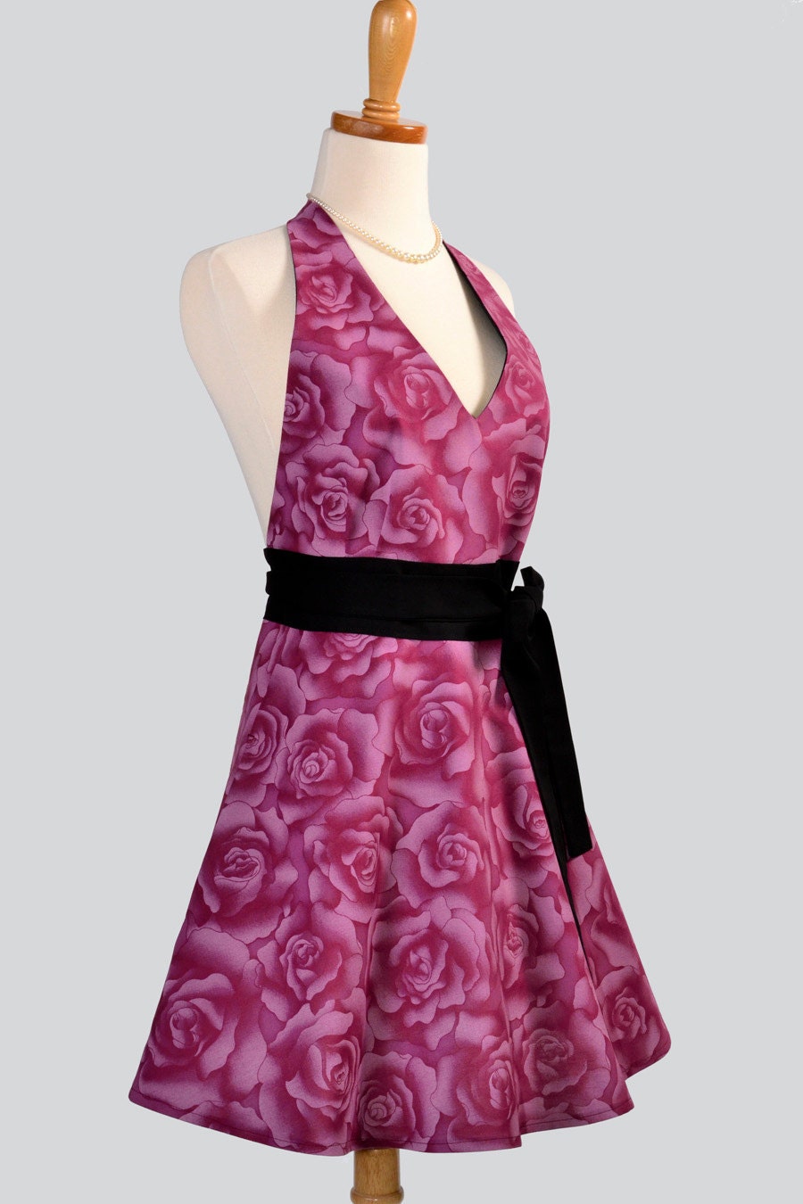 Sexy Womens Hostess Apron . Classy Halter Apron Beautiful Wine and Roses Trimmed in Black