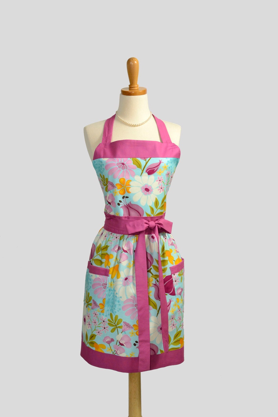 Retro Vintage Bib Apron / Personalize Apron for the Perfect Gift in Robins Egg Blue trimmed in Orchid