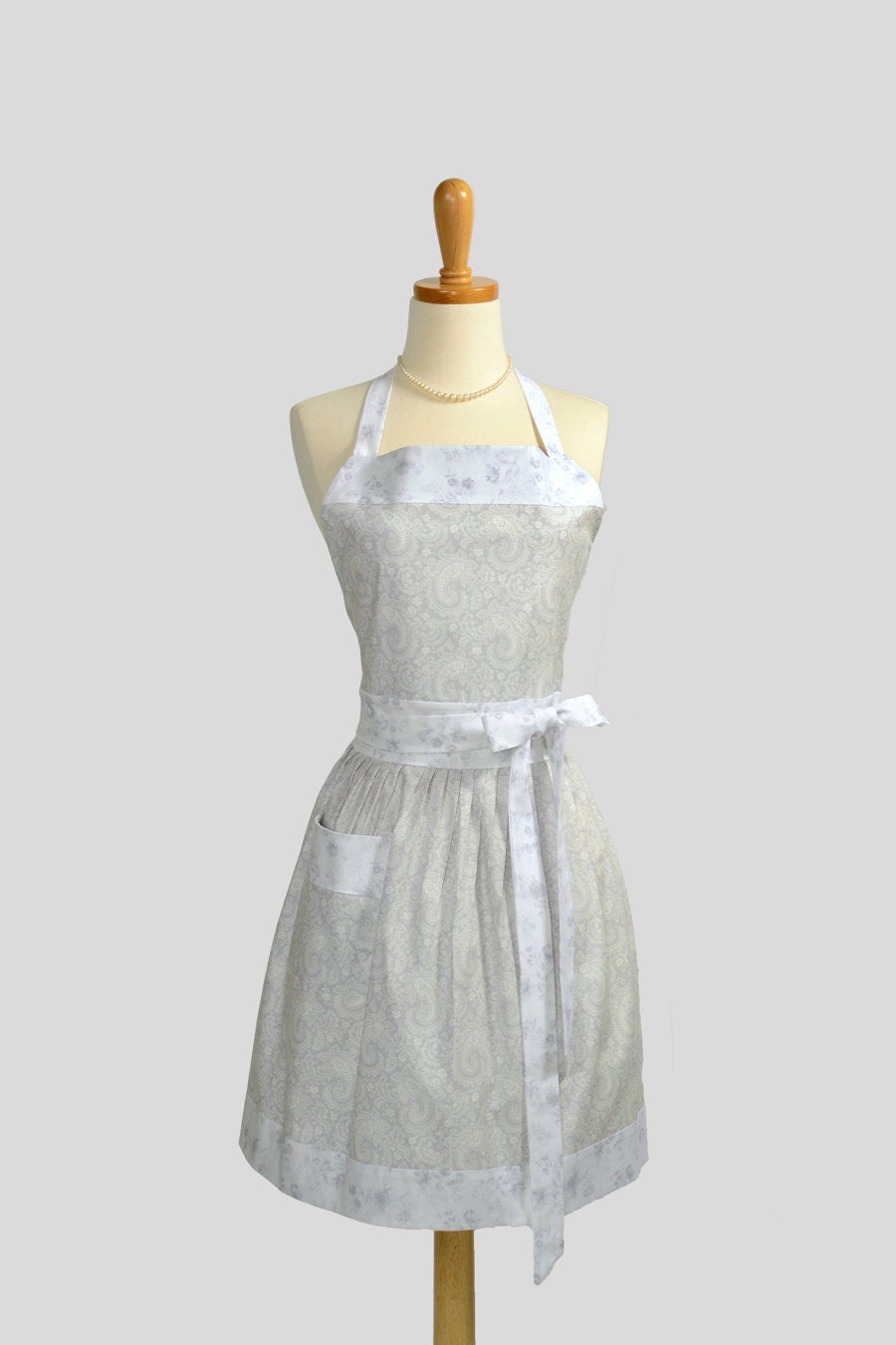 Womens Bib Full Apron , Full Handmade Kitchen Apron in Elegant  Paisley Floral Grey and White Perfect for Personalization or Monogram