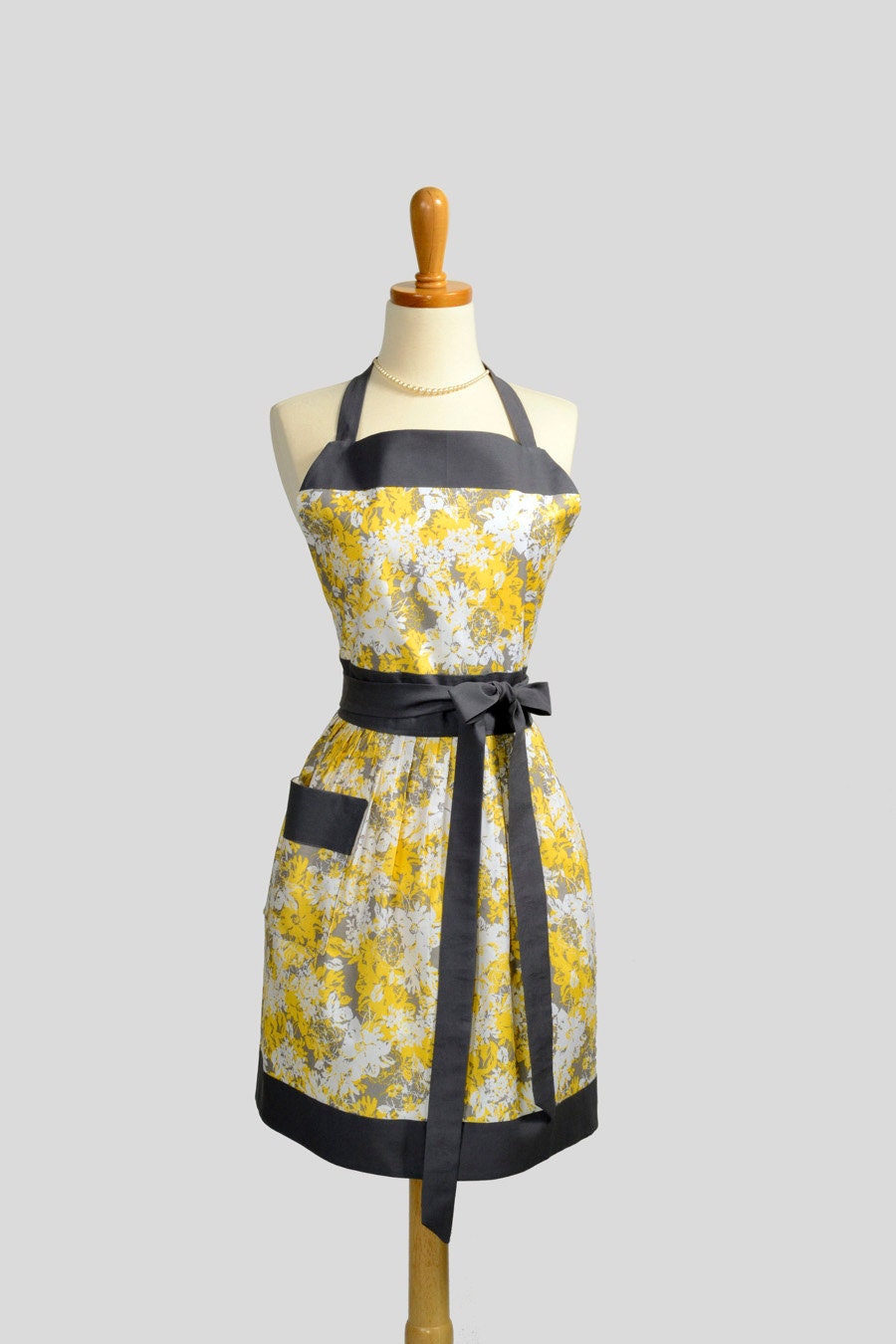 Womens Bib Full Apron , Full Handmade Kitchen Apron in Elegant Yellow White Grey Floral Dark Charcoal Trim Perfect for Personalization