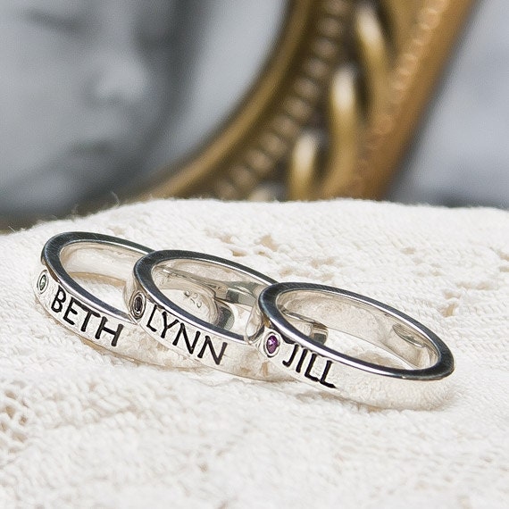 Stackable Mothers Name Ring with Birthstone in Sterling Silver