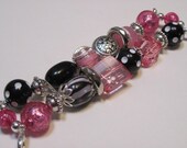 Chunky black and white polka dot, pink and zebra print with silver accent beads double stranded interchangeable watch band