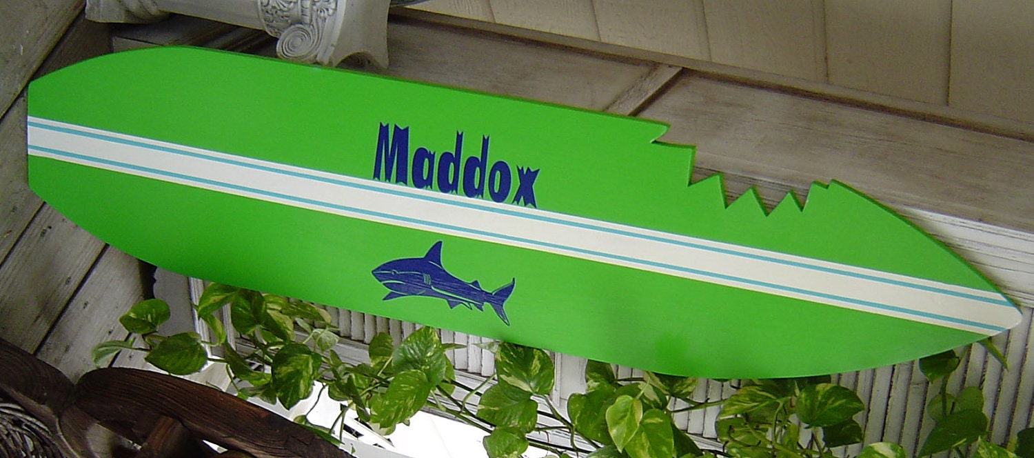 4FT PeRSONALIZED SHARK Surfboard Wall art Sign with Shark Bite. Hawaiian Surf Wall Decor. Matches PBK Shark Bedding. 150 Designs 3 Sizes.