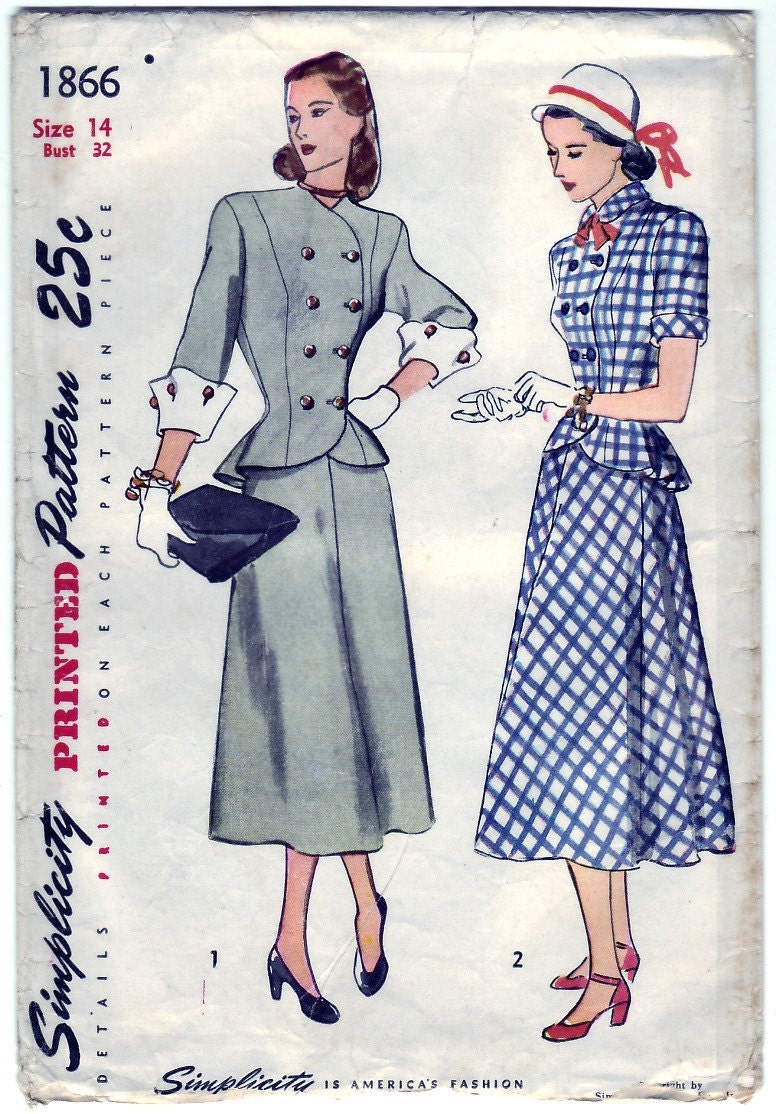 Vintage 1946 Simplicity 1866 UNCUT Sewing Pattern Junior's, Misses' Two-Piece Dress Size 14 Bust 32