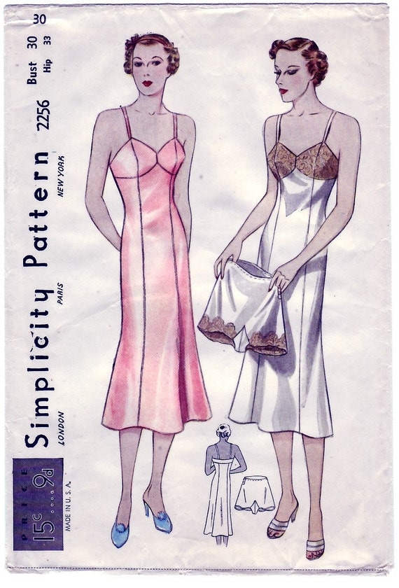 FREE SHIPPING Vintage 1937 Simplicity 2256 Sewing Pattern Misses', Women's Bias Slip and Panties Size 30 Bust 30