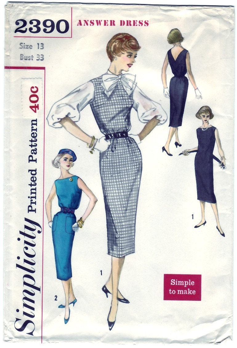 FREE SHIPPING Vintage 1958 Simplicity 2390 UNCUT Sewing Pattern Junior's, Misses' Dress, Jumper and Blouse Size 13 Bust 33