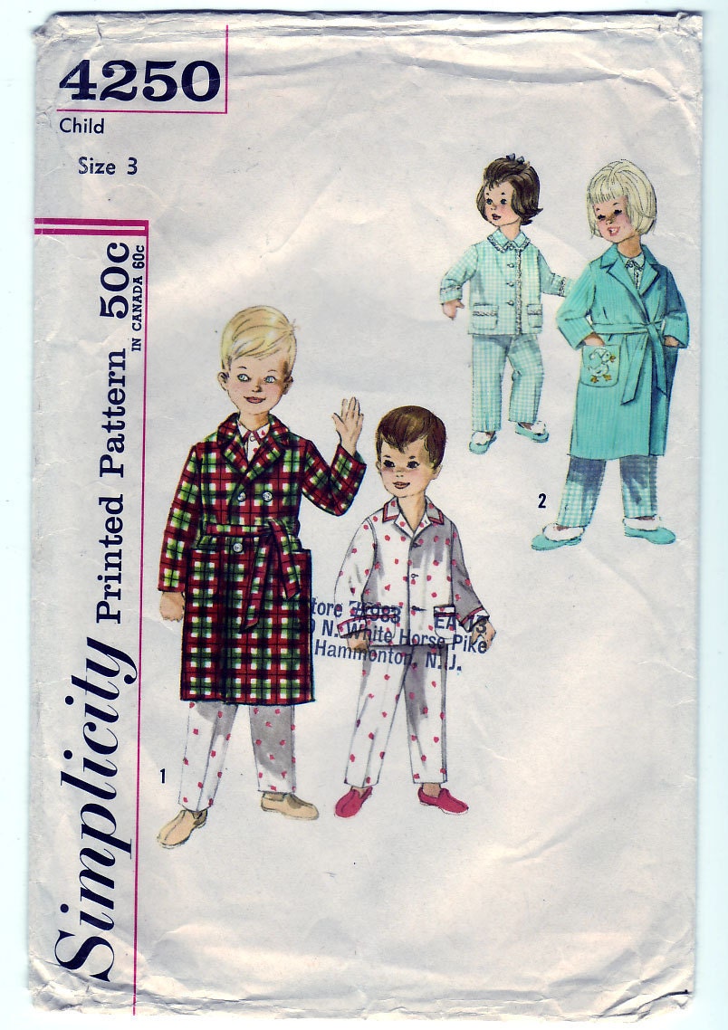 FREE SHIPPING Vintage 1962 Simplicity 4250 Sewing Pattern Boy's, Girl's Robe and Pajamas Size 3