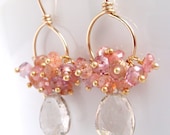 Gold Gemstone Hoop Earrings with Pink Peach Clusters, Sunstone Quartz Rhodocrosite, Dangle