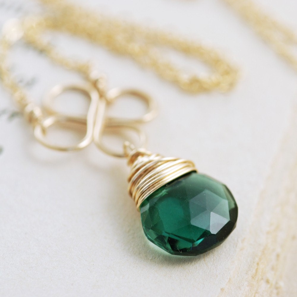 Green Gemstone Necklace 14k Gold Fill, Emerald Green Pendant, Handmade Clover Necklace