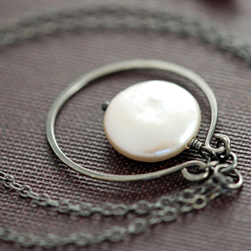 Coin Pearl Sterling Silver Necklace, Handmade Pendant Oxidized, aubepine