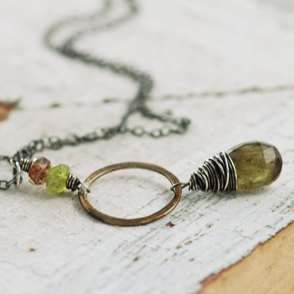 Rustic Gemstone Pendant Necklace Sterling Silver, Olive Green Brown Andalusite Vesuvianite, Mixed Metal Handmade, aubepine