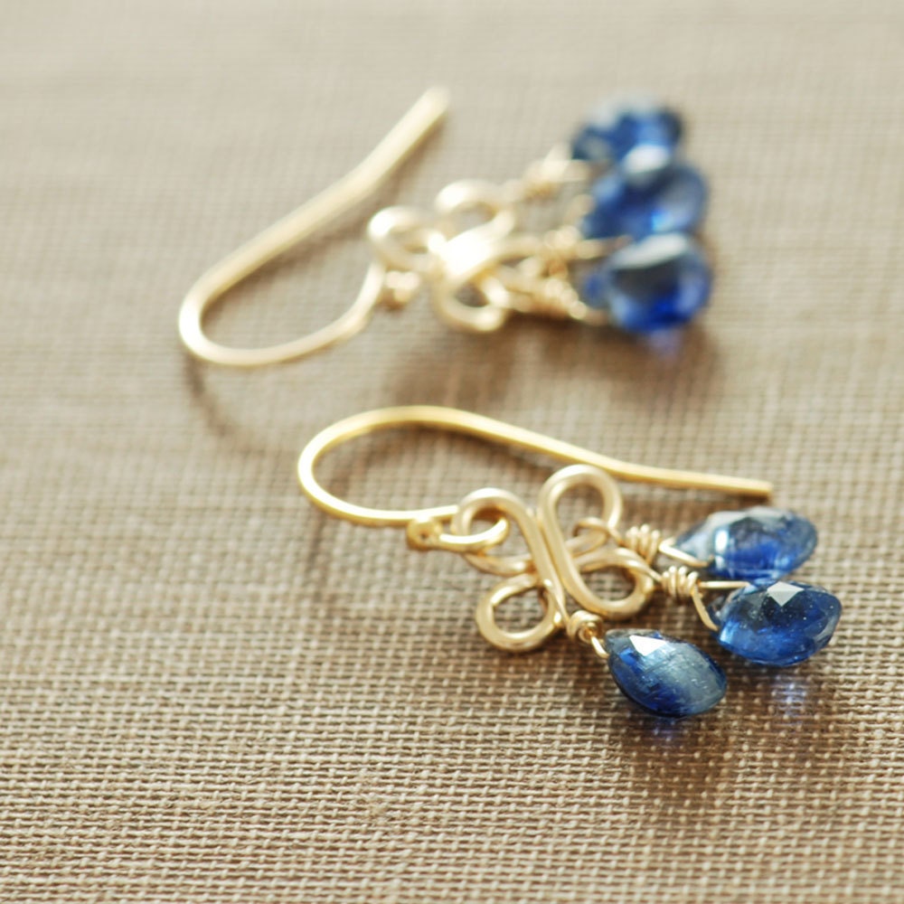 Blue Gemstone Chandelier Earrings, 14k Gold Fill Kyanite Dangle Clovers, September Birthday Jewelry, Handmade, aubepine