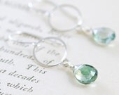 Silver Hoop Earrings With Dangling Teal Gemstones, Green Quartz Drop Earrings, aubepine