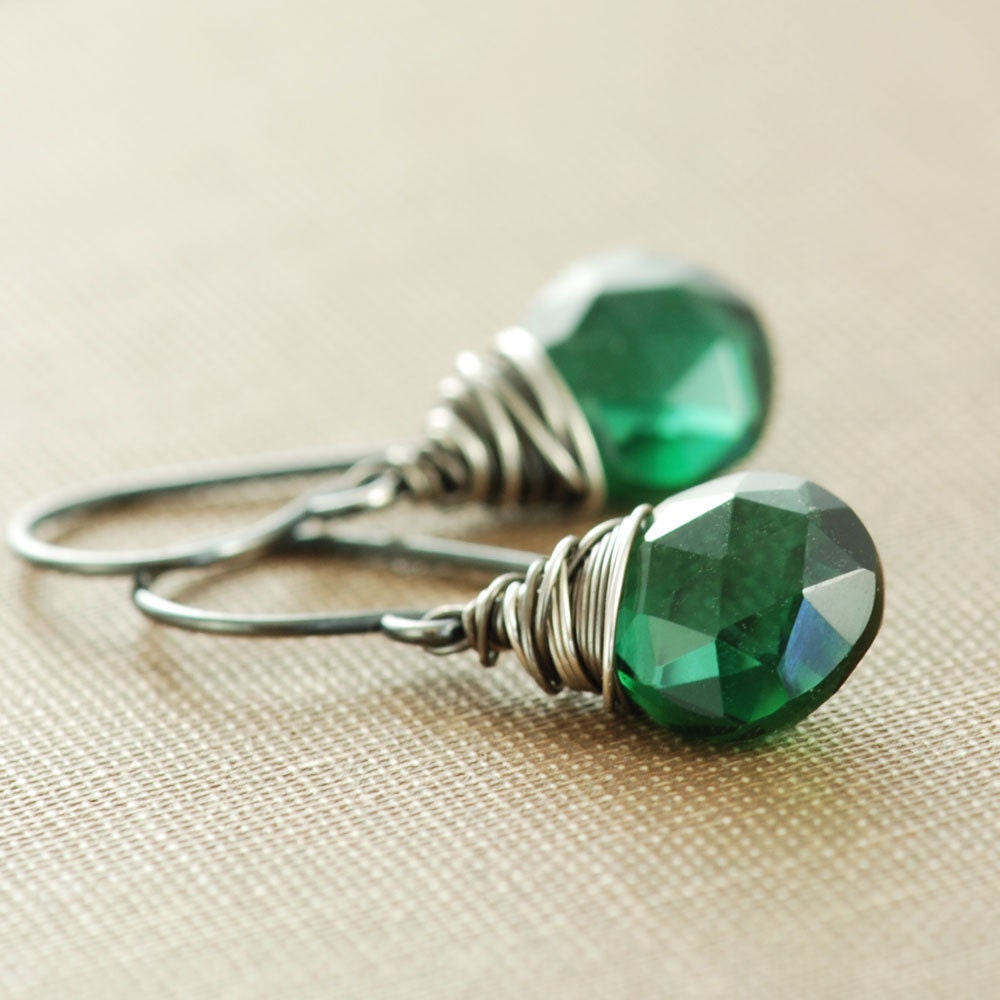 Emerald Green Dangle Earrings, Sterling Silver Gemstone Earrings, Wire Wrapped Oxidized, Spring Fashion, aubepine - aubepine