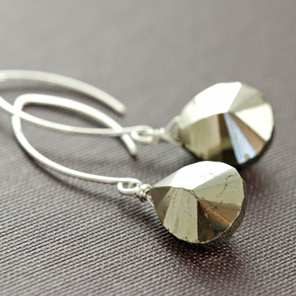 Pyrite Earrings in Sterling Silver, Gemstone Dangle Earrings, Glam Rock, aubepine