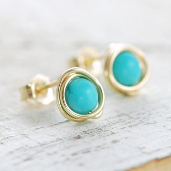 Turquoise Post Earrings Wrapped in 14k Gold Fill, December Birthstone Jewelry, Handmade, aubepine
