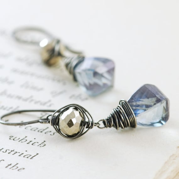 Sterling Silver Earrings Blue Quartz Pyrite, Gemstone Dangle Earrings, aubepine