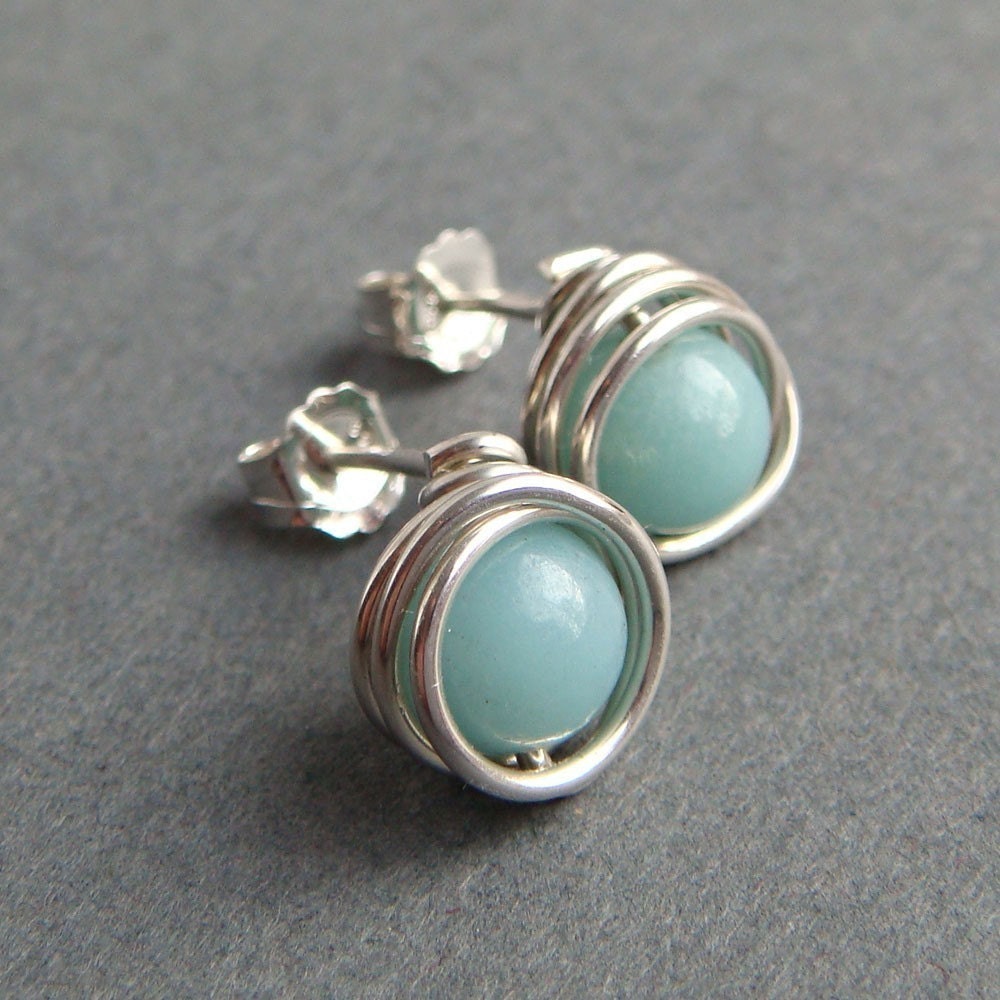 Sky Blue Post Earrings, Amazonite Wrapped in Sterling Silver, Handmade Gemstone Earrings, March Birthday, aubepine