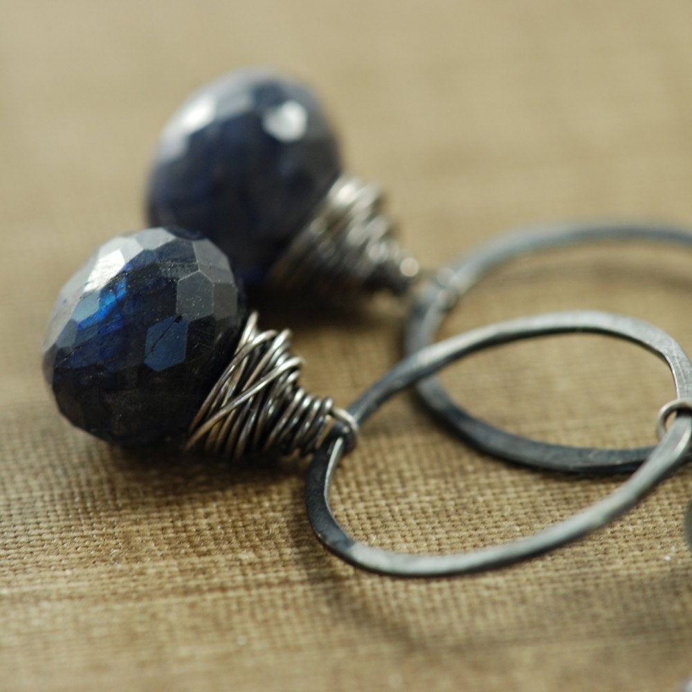 Sterling Silver Earrings, Spectrolite Labradorite Navy Blue Gemstone, Handmade, Midnight
