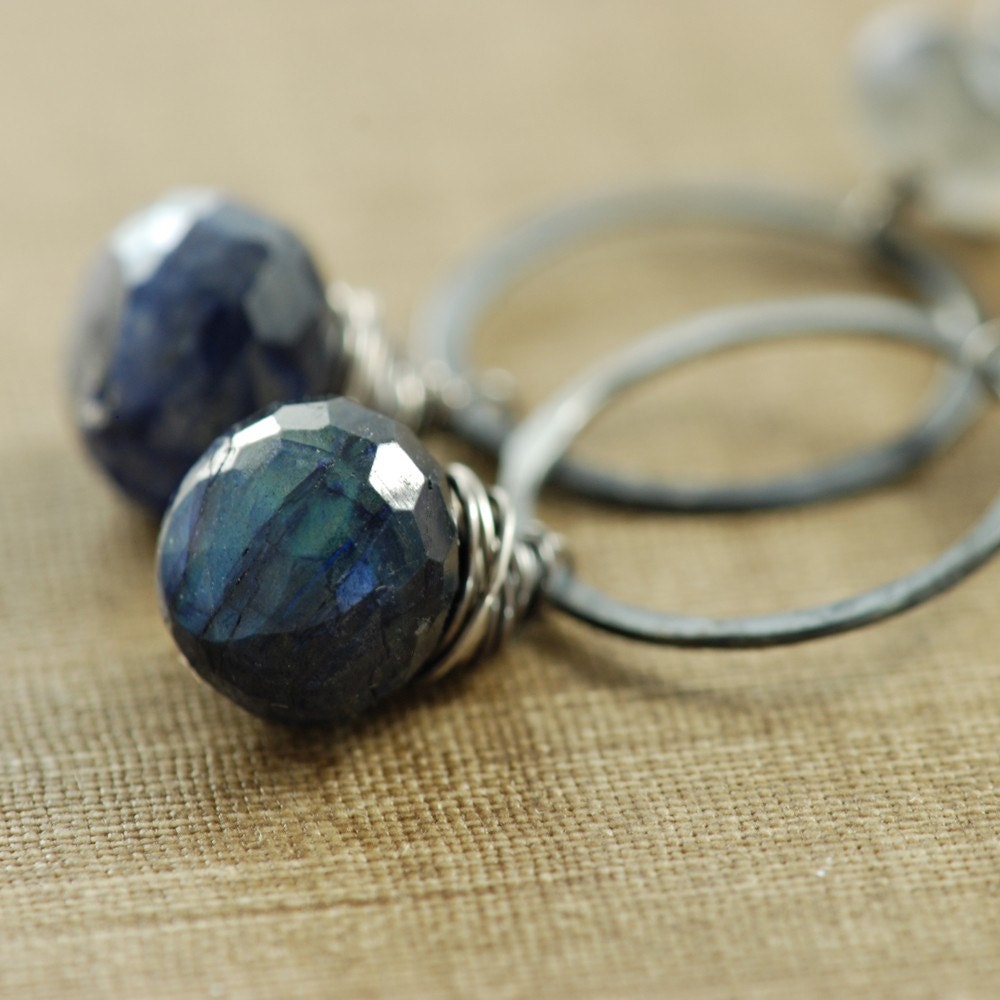 Sterling Silver Earrings, Spectrolite Labradorite Navy Blue Gemstone, Handmade, Midnight