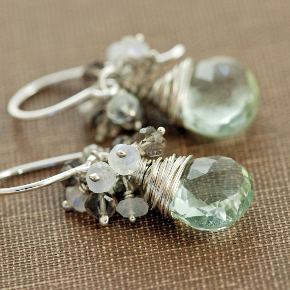 Sterling Silver Gemstone Cluster Earrings, Green Amethyst Moonstone Smoky Quartz, Handmade Earrings, aubepine