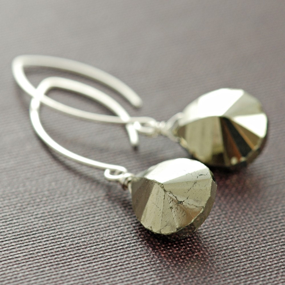 Pyrite Earrings in Sterling Silver, Gemstone Dangle Earrings, Glam Rock, aubepine