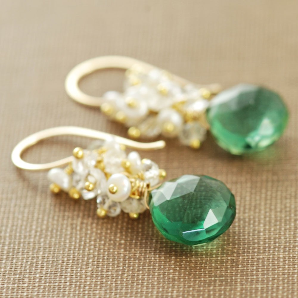 Forest Green Quartz Earrings in 14k Gold Fill, Gemstone Clusters White Topaz Pearl, aubepine