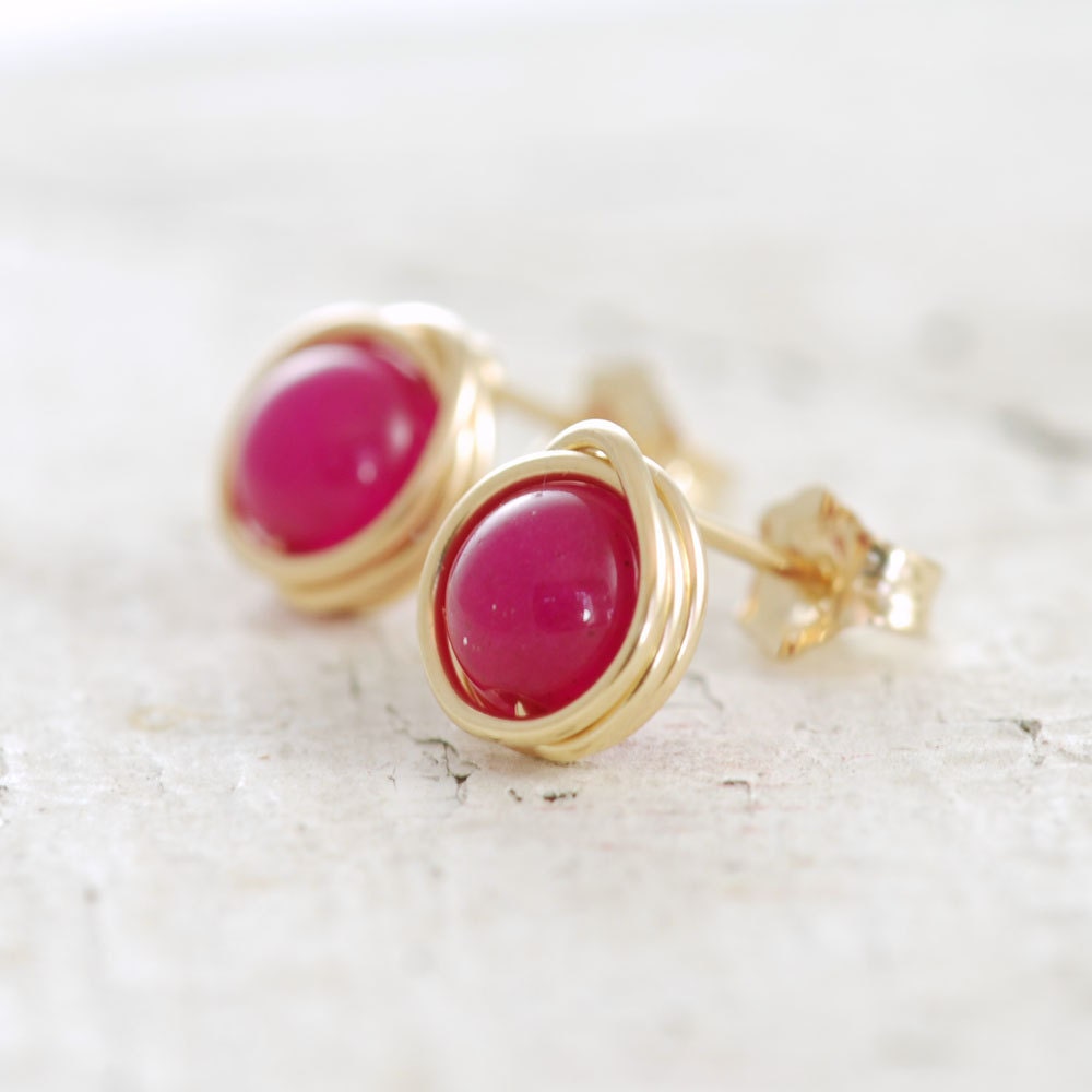 Bright Pink Post Earrings, Wire Wrapped Gold Gemstone Earrings, aubepine