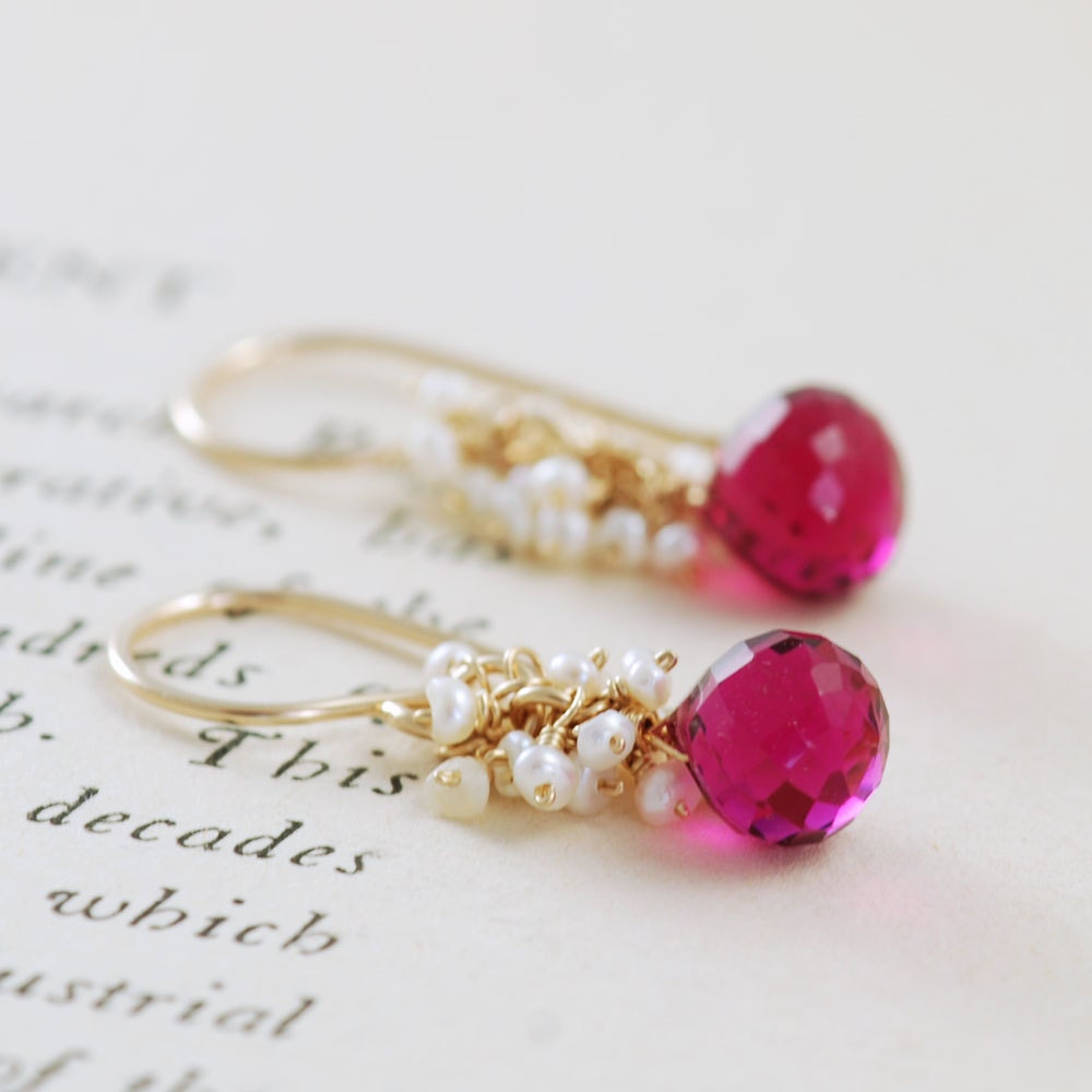 Raspberry Quartz Seed Pearl Earrings 14k Gold Fill, Wrapped Pink Gemstone Dangle Earrings, Handmade, aubepine