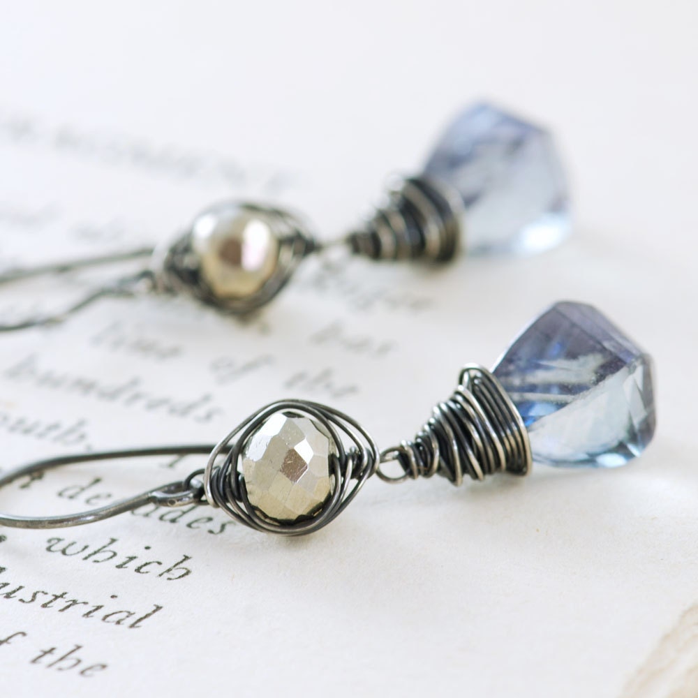 Sterling Silver Earrings Blue Quartz Pyrite, Gemstone Dangle Earrings, aubepine