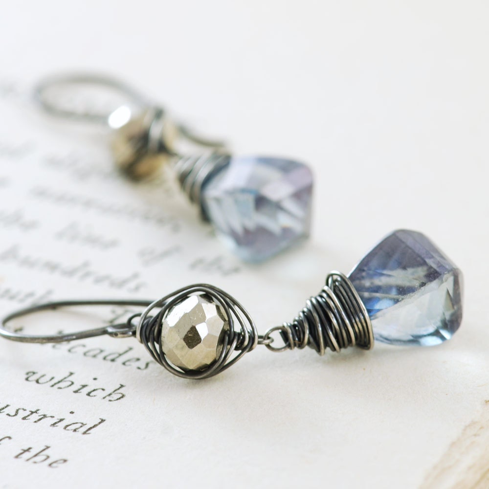 Sterling Silver Earrings Blue Quartz Pyrite, Gemstone Dangle Earrings, aubepine