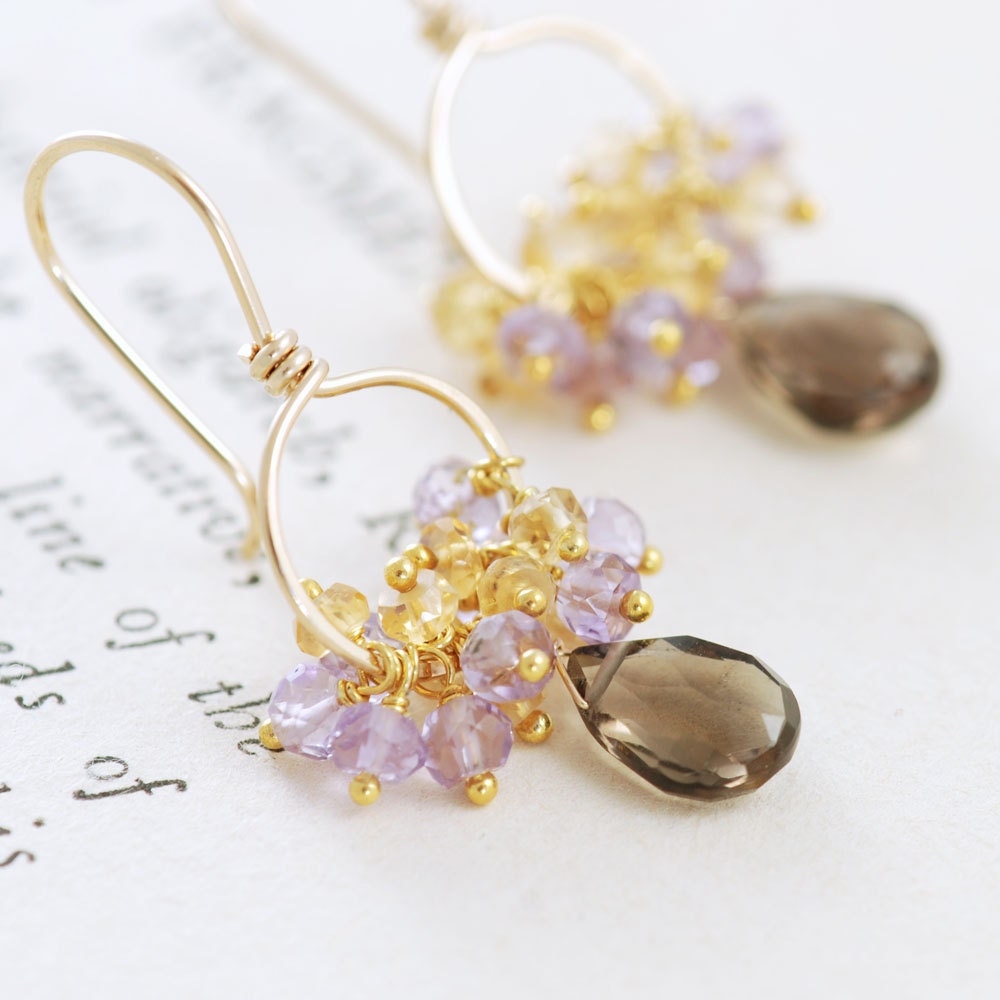 Gold Gemstone Earrings, Smoky Quartz Citrine Amethyst 14k Gold, Handmade