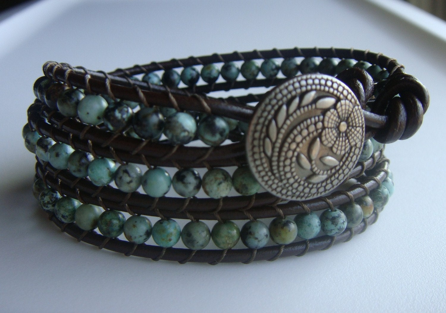 African Turquoise Beaded Leather Wrap Bracelet