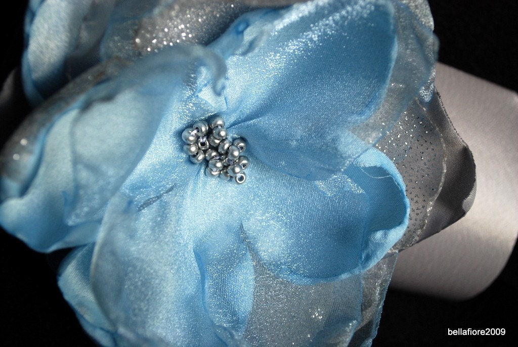 Bridesmaid Clutch Collection Winter Wedding collection Silver satin Clutch with Ice Blue and Silver Flower