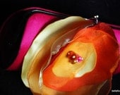 bridesmaid custom clutch collection Shades of Summer / fuchsia Satin Clutch with Fabric FLower made of Yellow and Tangerine fabrics