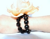 Fabric Flower Bracelet Wrist Corsage/ Peach with Black Beaded Bracelet