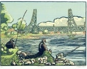 Lunch Break on the Piscataqua (Memorial Bridge) (multi-color reduction woodcut) FREE SHIPPING
