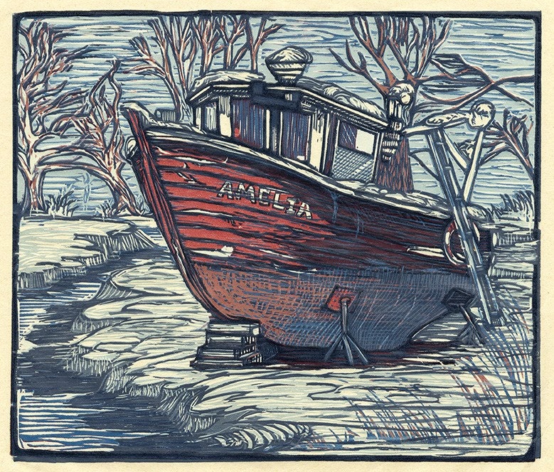Lobster Boat Amelia (multi-color reduction woodcut) - chickfamilyink