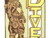 D is for Diver, multi-color reduction woodcut