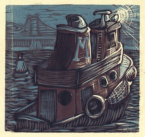 Night Tug (multi-color reduction woodcut)