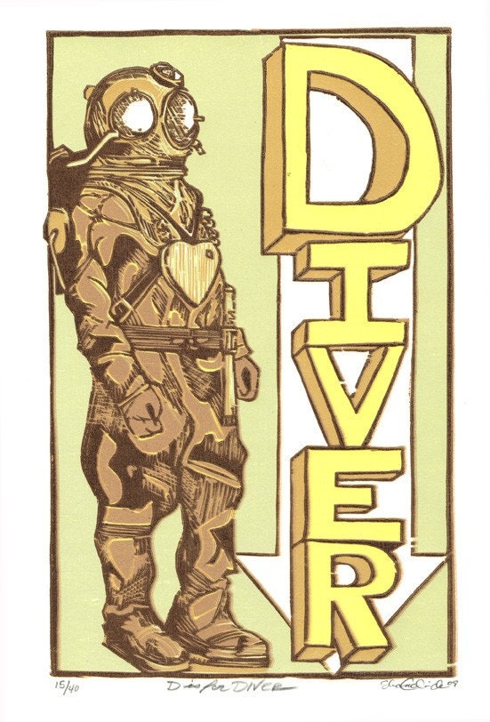 D is for Diver, multi-color reduction woodcut