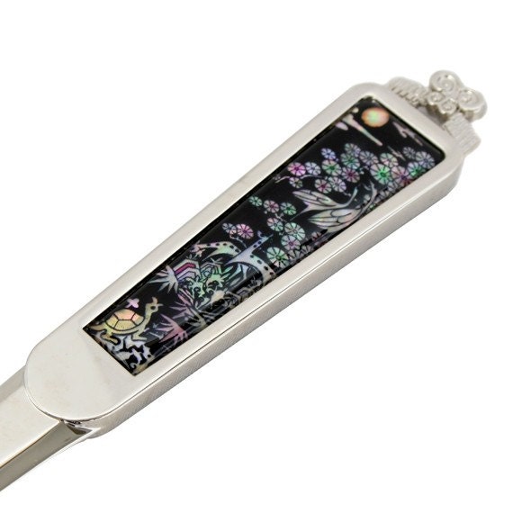 Mother of Pearl Metal Knife Sword Envelope Letter Opener with Longevity Emblems Painting Design