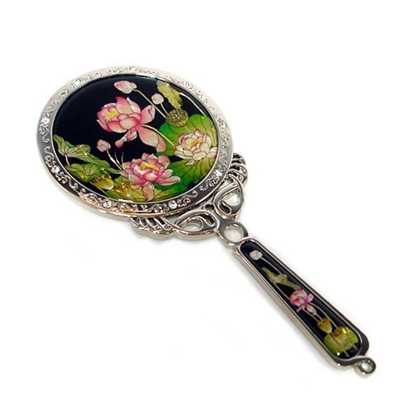 Mother of Pearl Makeup Cosmetic Hand Purse Mirror with Lotus Flower Design