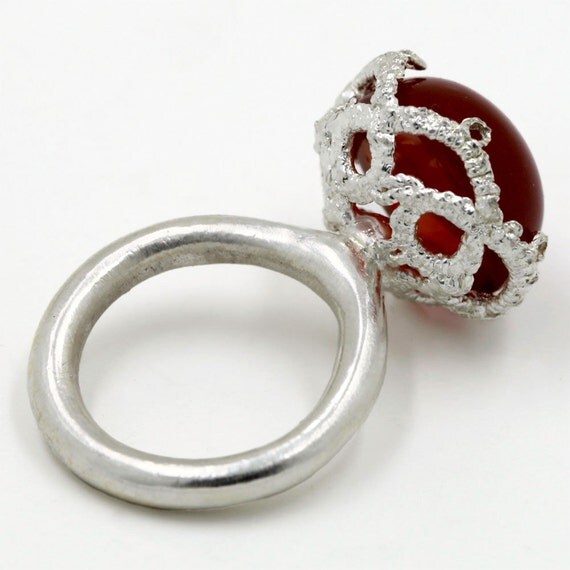 Red Carnelian Ring with Cast Lace Gallery Setting